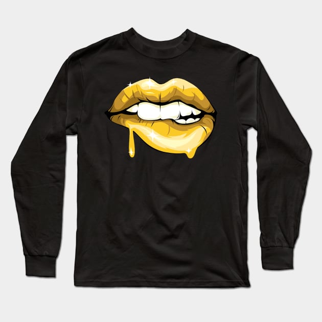 Golden Dripping Glossy Lips Long Sleeve T-Shirt by BadDesignCo